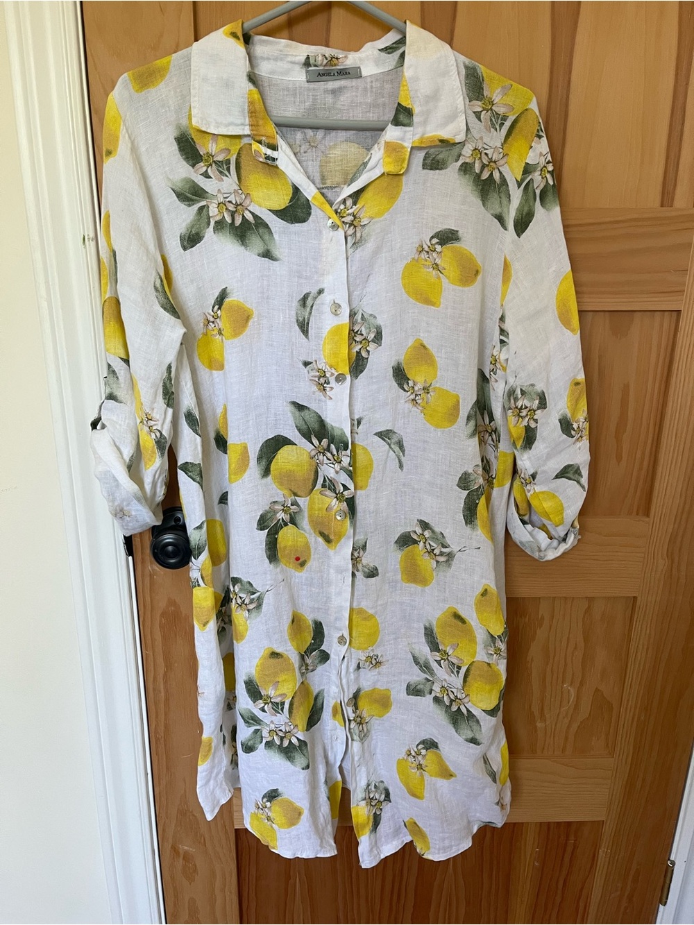 NWOT Angela Mara Sz. Large Linen Lemon Print Button-Front Tunic